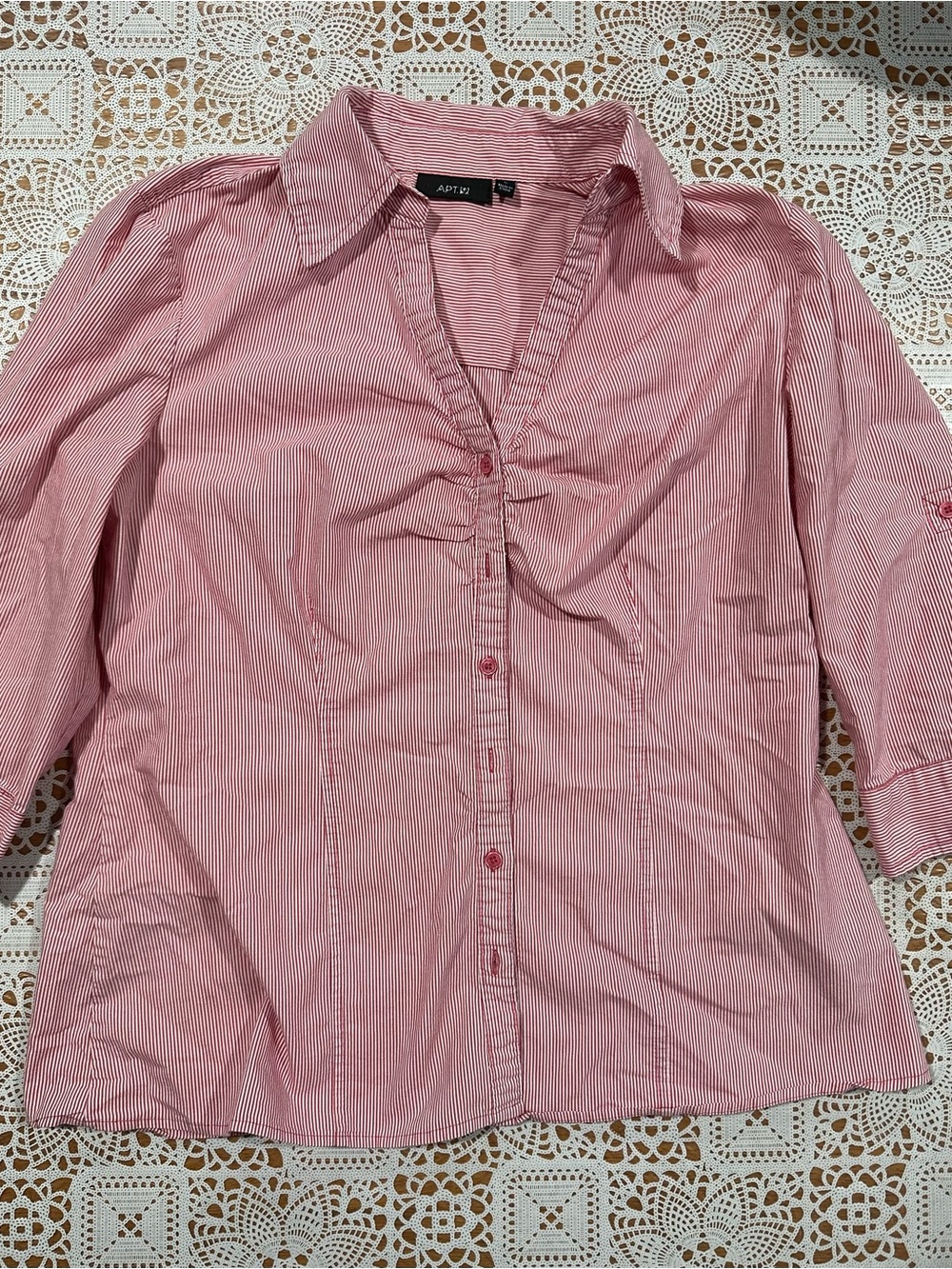 Apt. 9 Red White Pinstripe Button Front Blouse Women’s Large 3/4 Sleeve